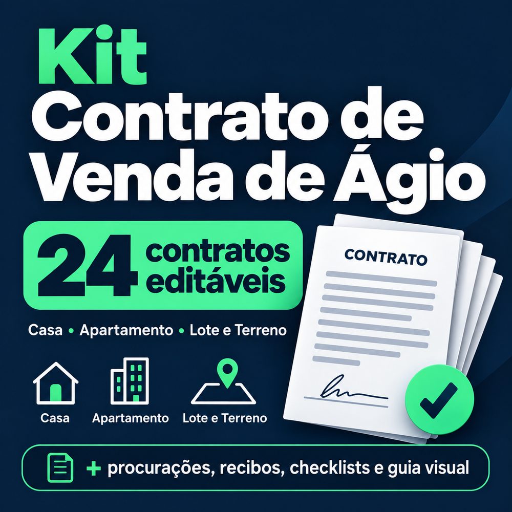 Capa do Kit Contrato de Venda de Ágio: 24 contratos editáveis para casa, apartamento, lote e terreno, mais procurações, recibos, checklists e guia visual