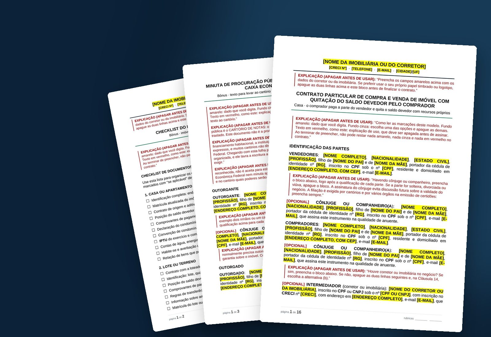 Primeiras páginas de três documentos do kit: contrato de compra e venda, minuta de procuração e checklist do imóvel, com campos em amarelo e orientações em vermelho